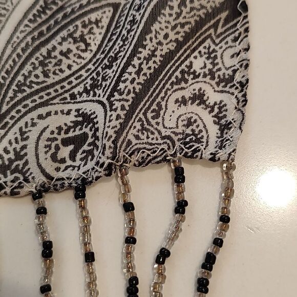 Bellissima Accessories Silk Black & White Paisley Scarf with Beaded Fringe - Picture 4 of 8